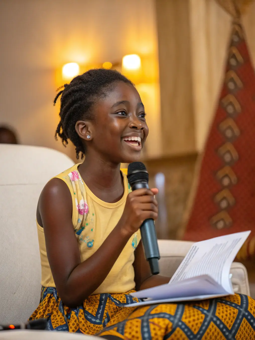A vibrant image depicting a storyteller captivating a young audience with a traditional African folktale, set in a community center.