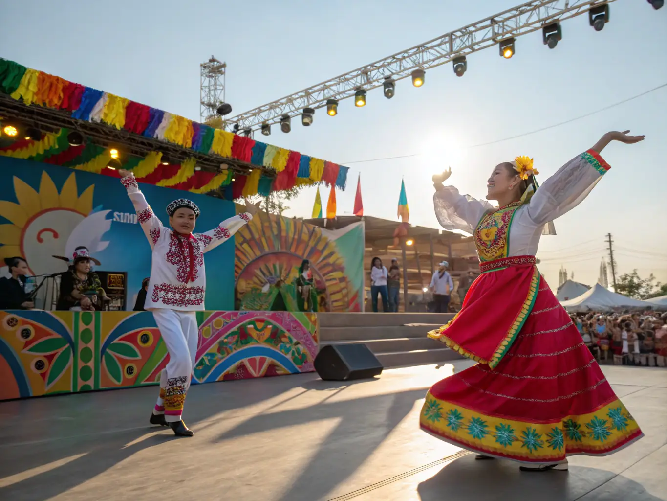 An image showcasing a group of performers enacting a traditional oral literature piece on a stage.