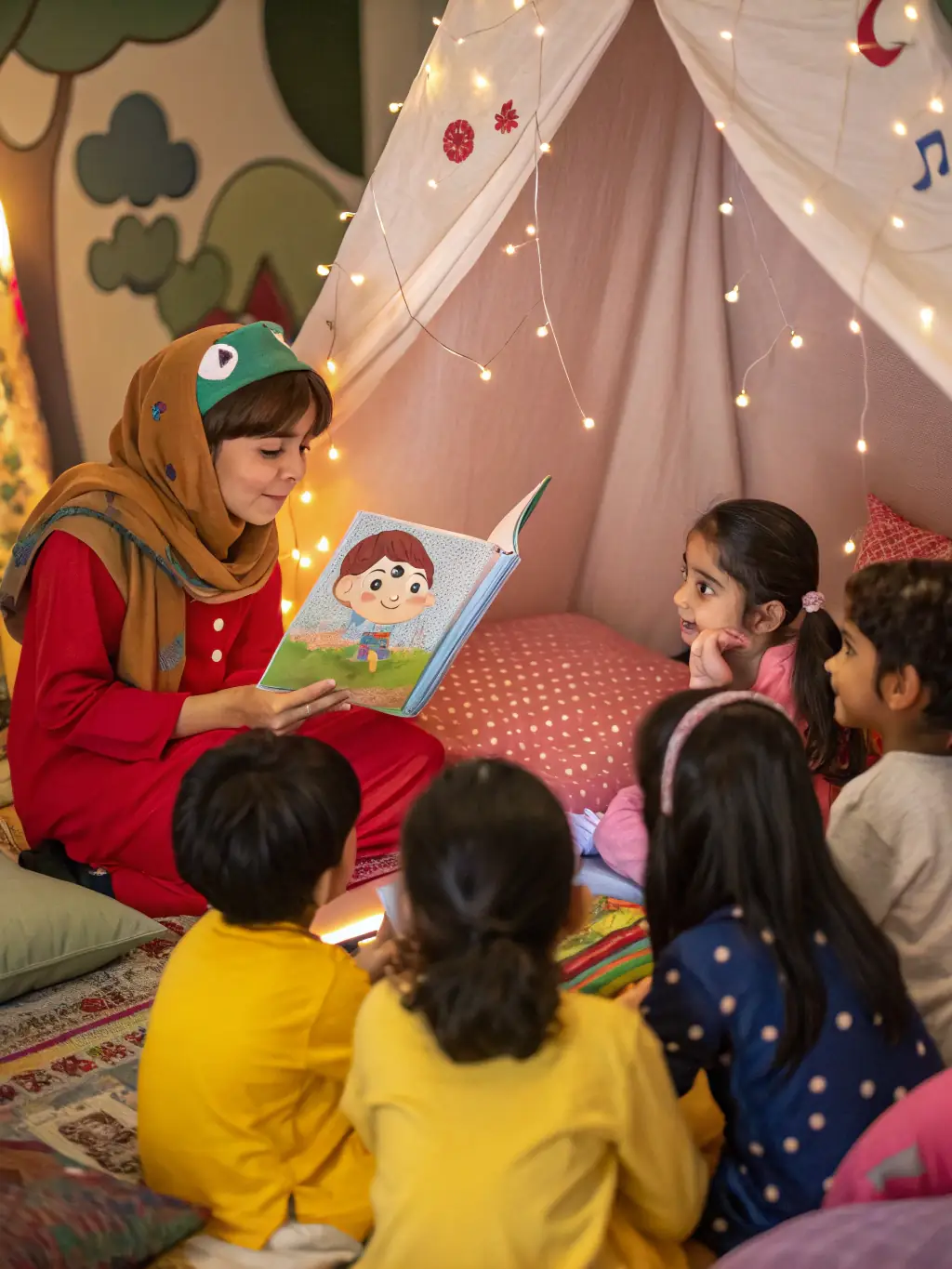 A vibrant image of a storyteller captivating a young audience with a traditional African folktale, set in a community center.